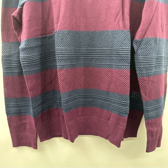 Market & Spruce Burgundy & Navy Striped Colorblock Open Knit Long Sleeve Sweater - Picture 3 of 7